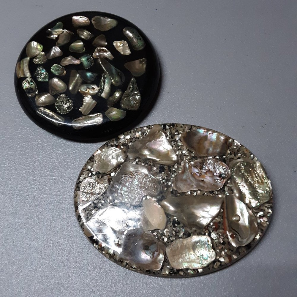 Vintage Lucite Abalone Shell Inlay Trivet Lot - Round Black & Oval Gold Glitter